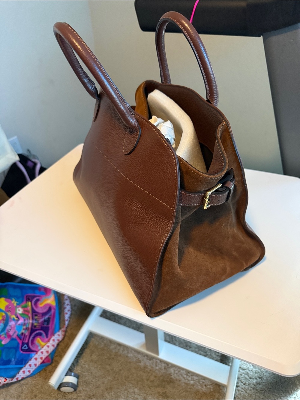 Structured Brown Leather and Suede Satchel